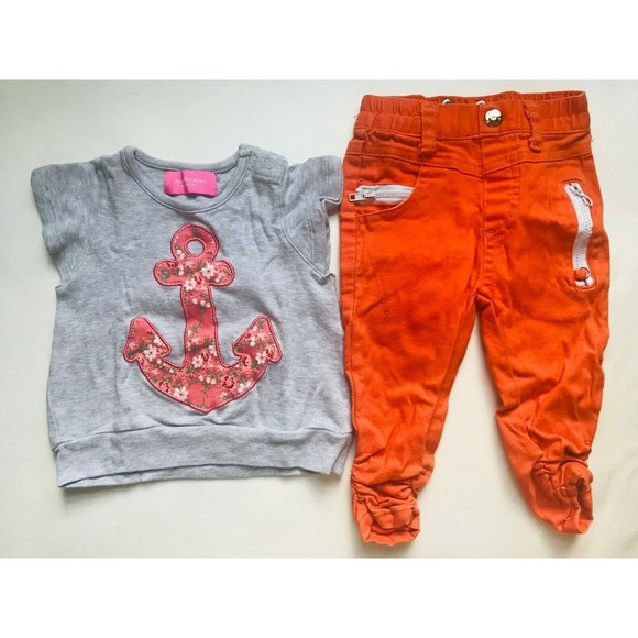 Girl's Size 6M 3-6 Months Two Piece Gray Floral Anchor Top, Orange Cinched Pants - Picture 1 of 8